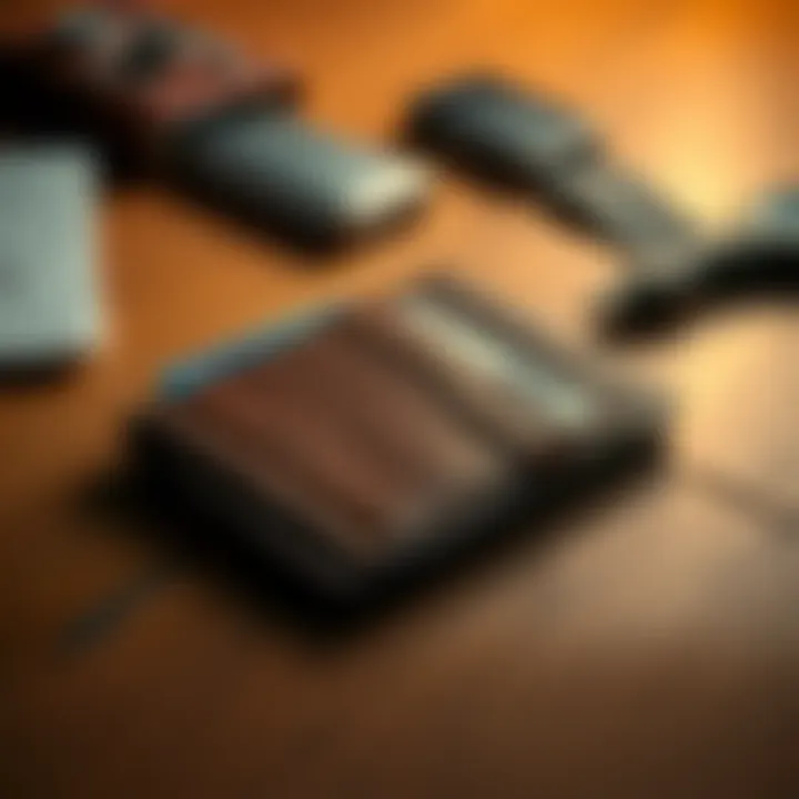 A brown leather wallet lying open on a wooden table with cards and cash visible inside.