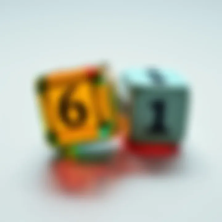 A pair of dice showing both high and low numbers, symbolizing the duality of luck with one die displaying a six and the other a one.