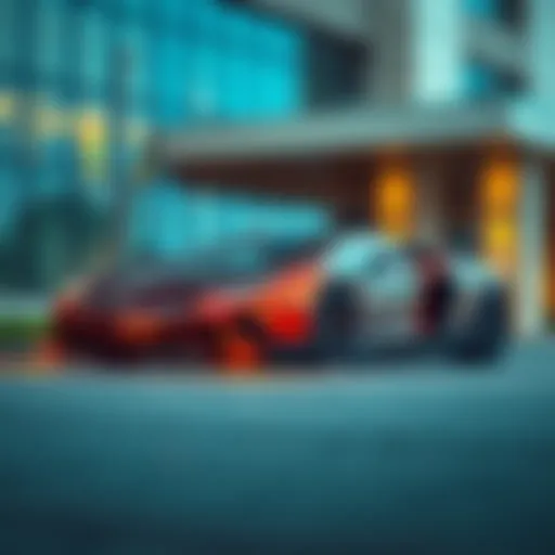 A luxurious sports car parked in front of a modern building, symbolizing misallocated funds in cryptocurrency projects.