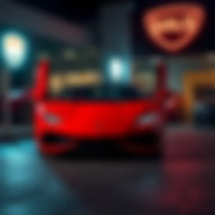 A bright red Lamborghini parked outside a luxury car dealership, with a sign that reads 'For Sale' in the background.