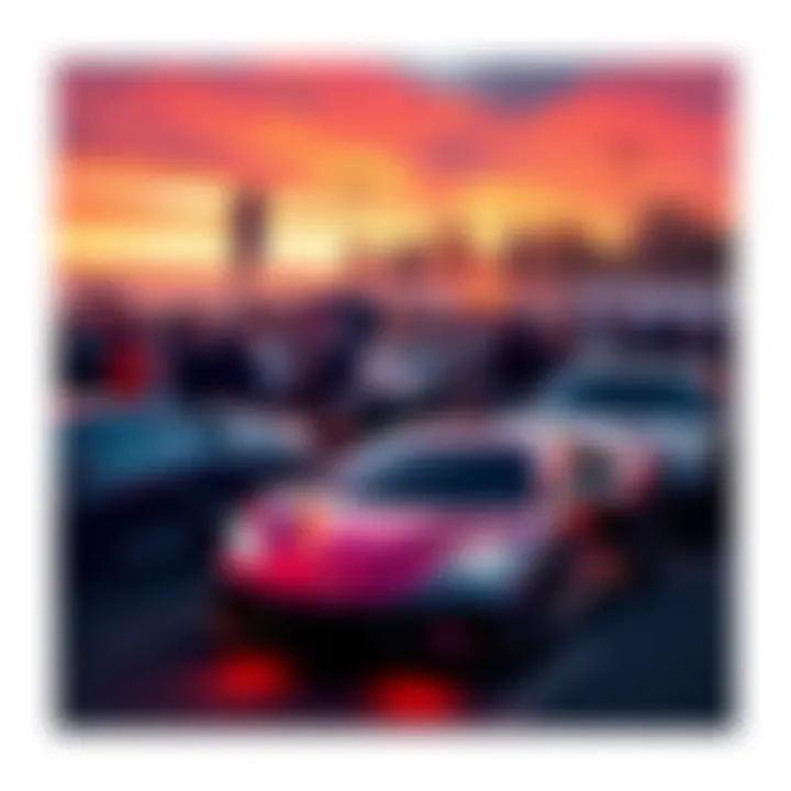A vibrant community of car enthusiasts gathered around luxury vehicles, showcasing the spirit of $POWSCHE.