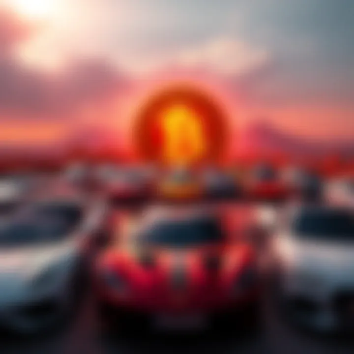 A vibrant gathering of luxury cars with a backdrop of a crypto logo, symbolizing the $POWSCHE community and growth potential.