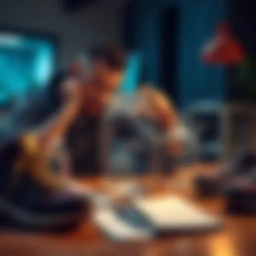 A man looking frustrated while examining a broken 20% step jar on a table, surrounded by walking shoes and a notebook.