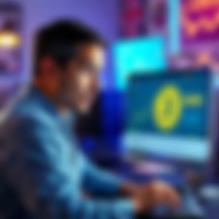 A man surprised while looking at his computer screen showing a Coinbase account with Bitcoin balance