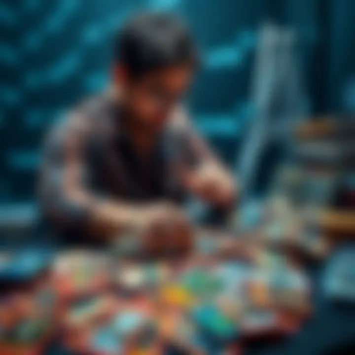 A man sorting through a variety of card collections, showcasing different types of cards laid out on a table, highlighting the impact of one person's influence in the card collecting world.