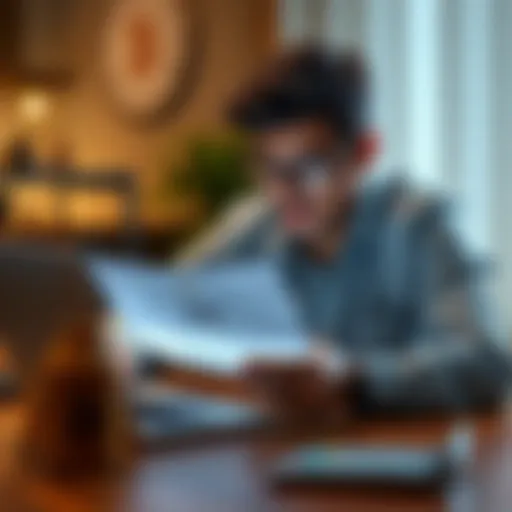 A man sitting at a table, looking at an IRS letter regarding his Bitcoin refund, with a laptop and calculator in front of him.