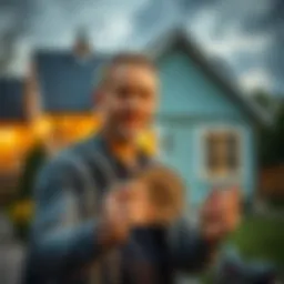 A man holds a Bitcoin coin while standing in front of a partially renovated house, looking satisfied.
