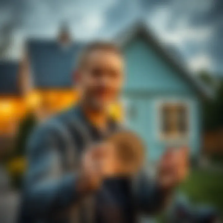 A man holds a Bitcoin coin while standing in front of a partially renovated house, looking satisfied.