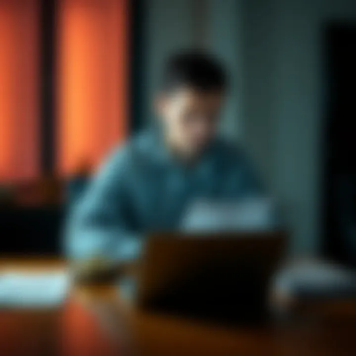 A man sitting at a table with a laptop and papers, looking concerned while considering options for asset division during a divorce.