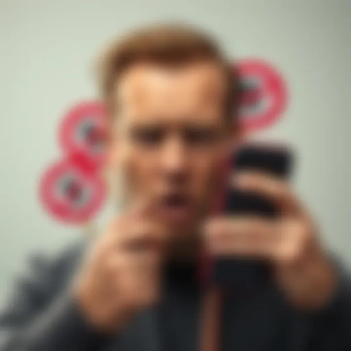 A person holding a phone with a frustrated expression, surrounded by signs indicating scam calls, like a crossed-out dollar sign and a red phone.