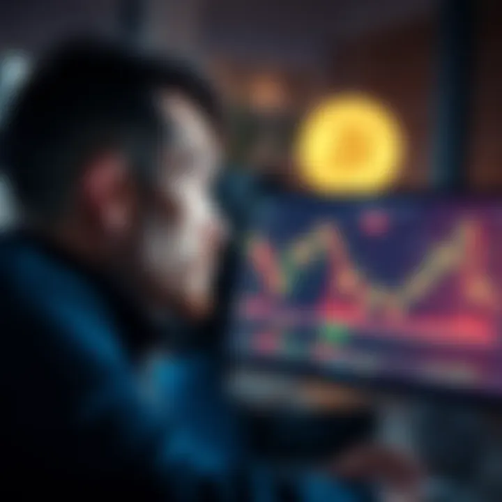 A worried man looking at a computer screen showing Dogecoin charts and financial data