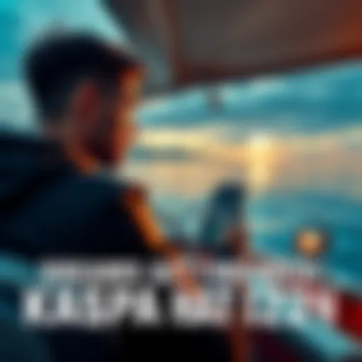 A man on a boat gazes at a phone displaying Kaspa priced at $22 while surrounded by water