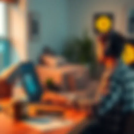 A person sits at a desk with a laptop, focused on mining Bitcoin without hardware. The room is well-lit and casual, showing a coffee cup and some notes nearby.