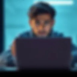 A frustrated person checking their bank account information on a laptop, showing an error message about account number not existing.