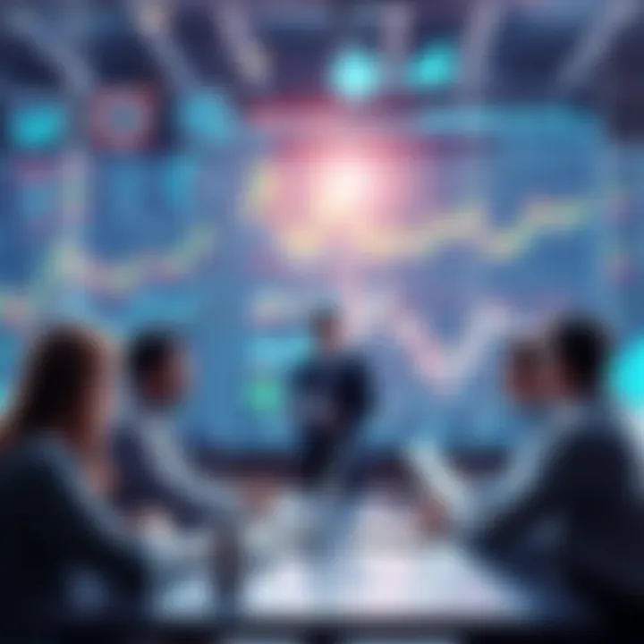 A group of people discussing market trends with charts and graphs in the background.