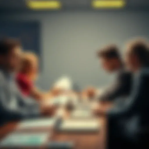 A group of financial experts discussing market trends and buying strategies around a table with charts and graphs in the background.