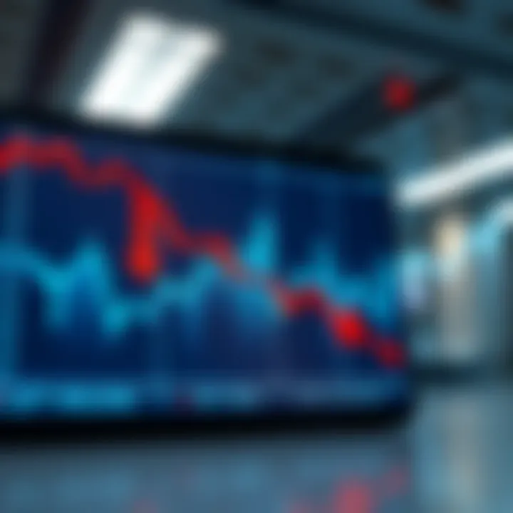 A stock market chart showing a downward trend with red arrows indicating a potential drop in value.