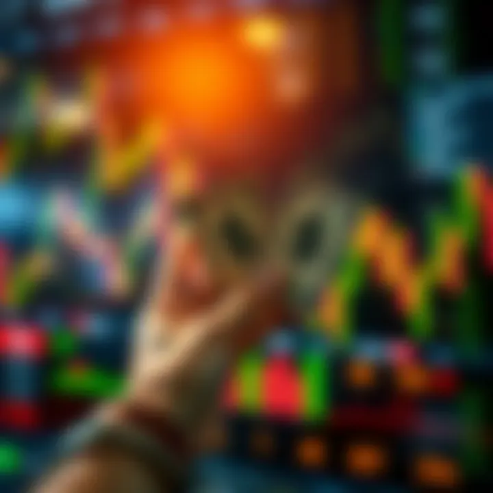 A hand holding two $1 items against a blurred background of stock market charts and graphs.