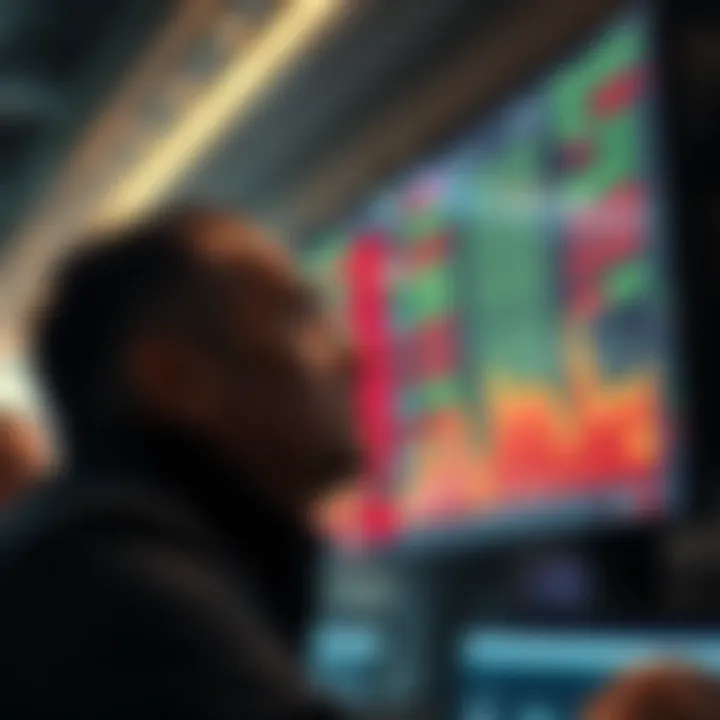 A worried investor looking at falling stock prices on a screen, showcasing panic selling in the market.