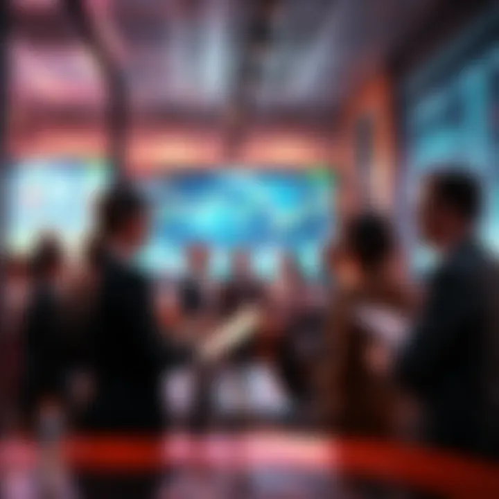 A group of people engaging in a lively discussion about market trends and trading strategies, with charts and graphs displayed on a screen in the background.