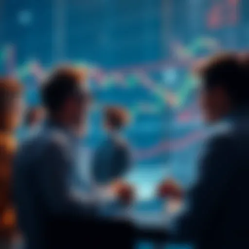 A group of people discussing stock market trends with charts and graphs visible