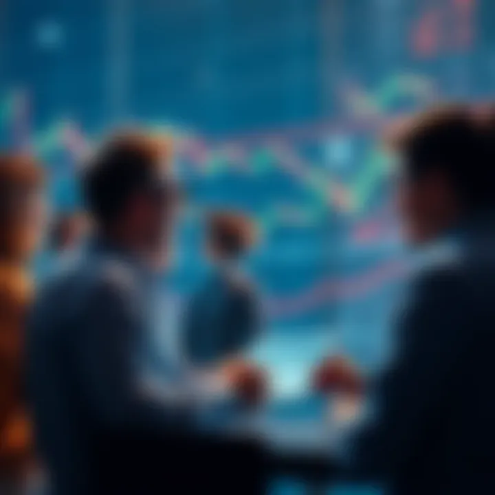 A group of people discussing stock market trends with charts and graphs visible