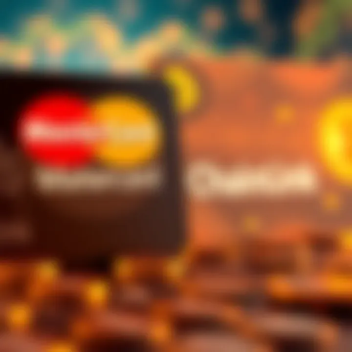 Mastercard logo next to Chainlink logo with cryptocurrency symbols in the background