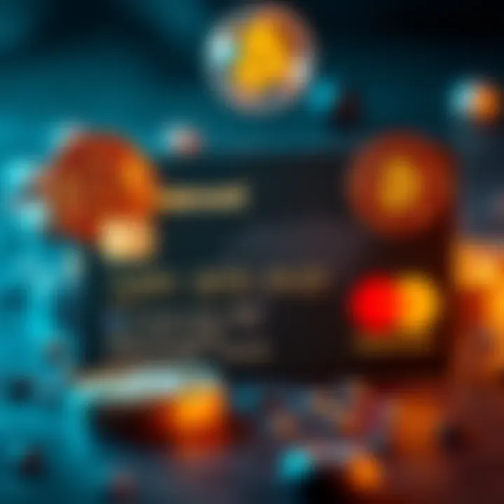 A credit card with cryptocurrency symbols, highlighting Mastercard's new service on decentralized exchanges.