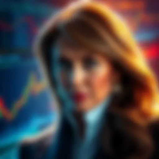 Melania Trump with a concerned expression, surrounded by financial charts and news headlines about insider trading allegations.