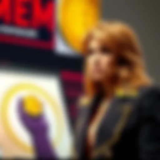 Melania Trump stands beside a poster advertising her memecoin, with a concerned expression on her face, highlighting cryptocurrency risks.