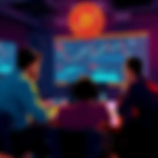 A group of people sitting around a table, discussing meme coin trading strategies with charts and screens showing cryptocurrency prices