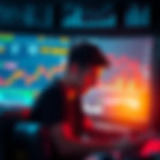 A worried trader looking at a computer screen showing declining meme coin prices and charts, depicting loss and confusion in trading.