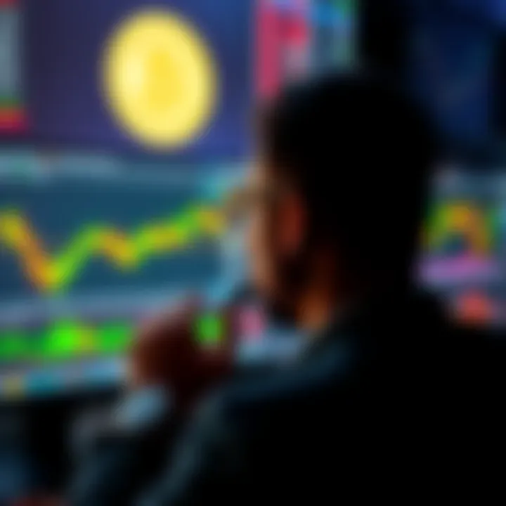 A person looking at a computer screen displaying meme coin graphics and trading charts, symbolizing meme coin trading in America.