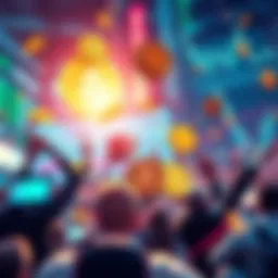 A vibrant graphic showing various meme coins symbolizing trading on BNB Chain, with traders celebrating profits amid a chaotic market backdrop.