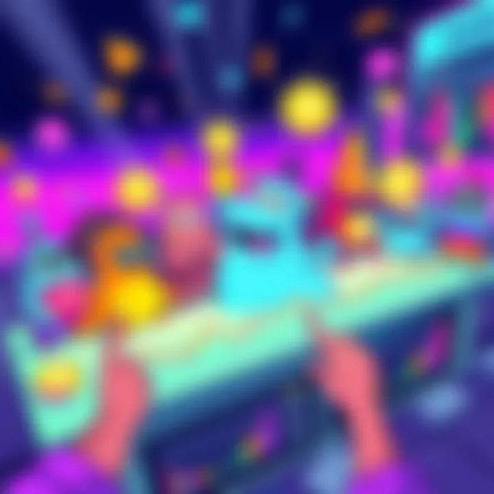 A vibrant digital illustration showcasing various meme-themed cryptocurrencies with colorful characters trading on a platform with excitement.
