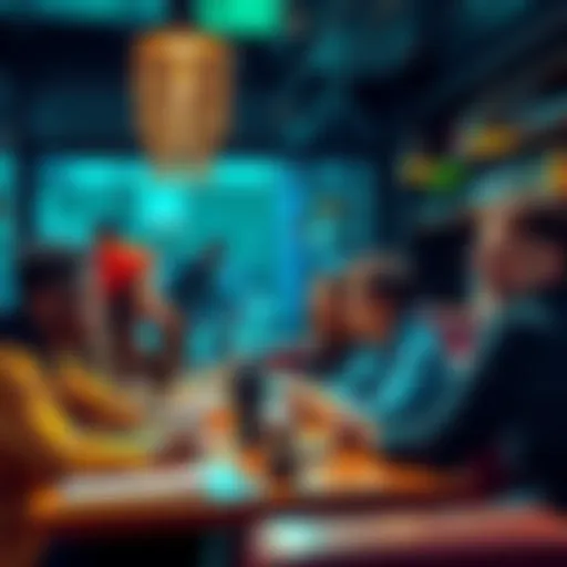 A group of diverse people discussing strategies for meme trading in crypto at a coffee shop.