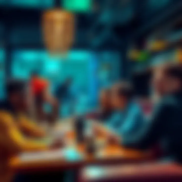 A group of diverse people discussing strategies for meme trading in crypto at a coffee shop.