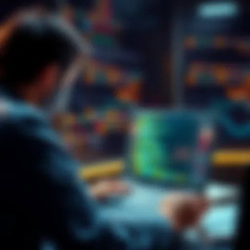 A person looking for guidance in blockchain development, featuring a laptop with code on the screen and notes around them