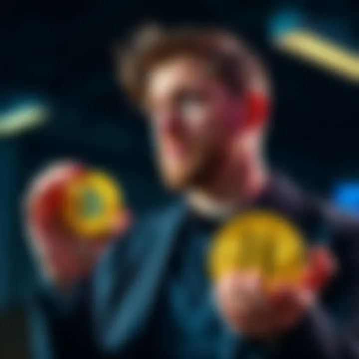 Michael Saylor holding Bitcoin symbols and pondering sale, looking thoughtful