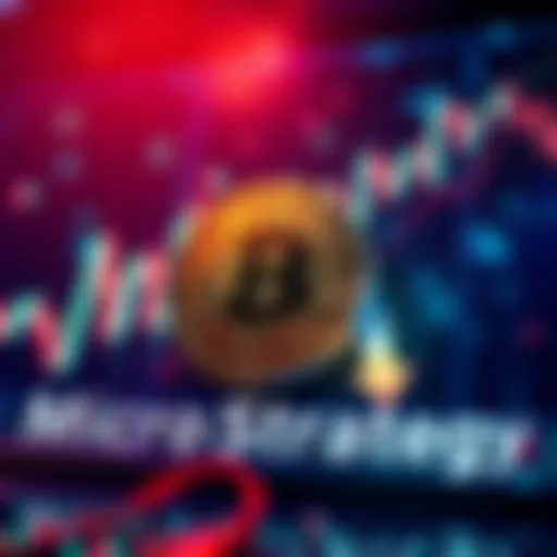 A graphic showing a downward trend in cryptocurrency prices with a Bitcoin symbol and MicroStrategy logo