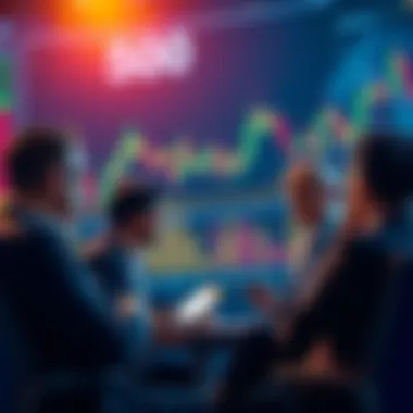 Investors discussing MicroStrategy's potential inclusion in the S&P 500 index with financial charts in the background