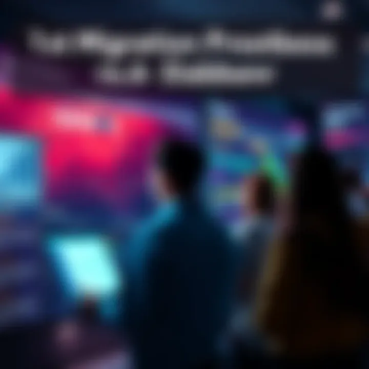 A visual representation of a migration progress dashboard, showcasing timelines and KYC process updates. Stakeholders are analyzing the information on screens.