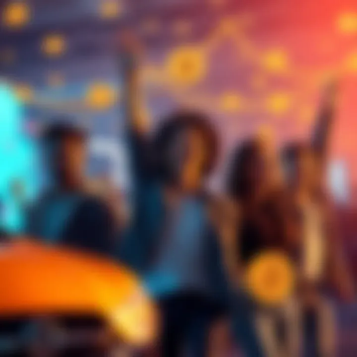 A group of millennials celebrating their investment in Bitcoin, with digital currency symbols in the background.