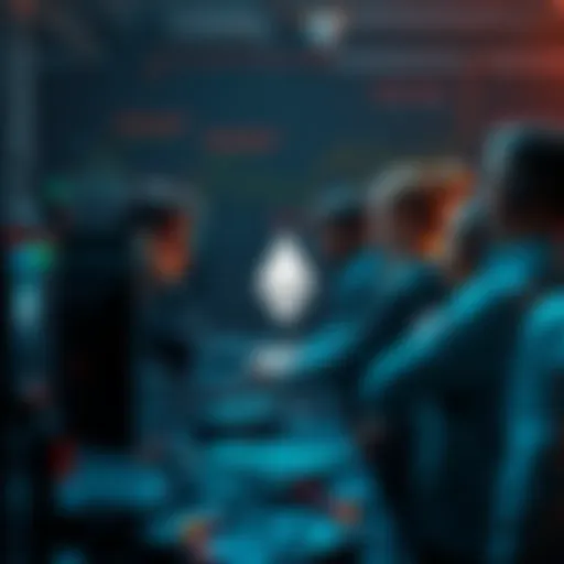 A group of diverse miners working together at computer stations, focused on mining Monero, with graphics of cryptocurrency symbols in the background.