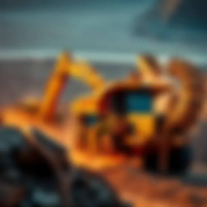 Heavy mining machinery working in a large open pit mine, extracting minerals and rocks.