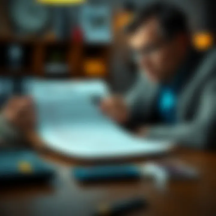 A concerned person examining a document about interest rates with a calculator on the table