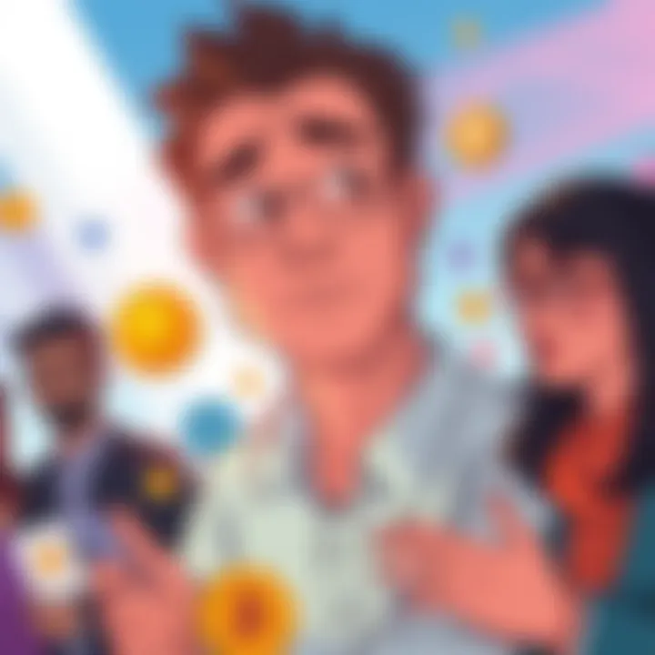 Illustration showing people sharing their stories about losses from Stepn's algorithm, with a sad expression and symbols of lost assets like coins or tokens, in a forum setting.