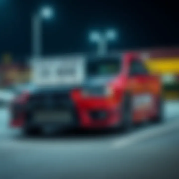 A Mitsubishi Lancer Evo 9 parked with a sign displaying a disagreement between buyer and seller over auction price.