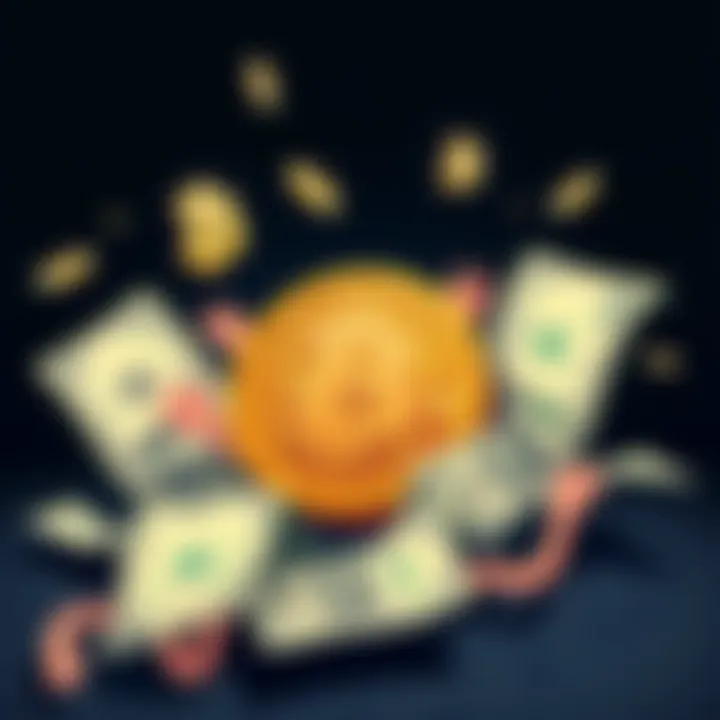A humorous illustration showing a Bitcoin symbol with a sad face, surrounded by dollar bills that appear happy, representing the contrast in value perception between Bitcoin and the dollar.