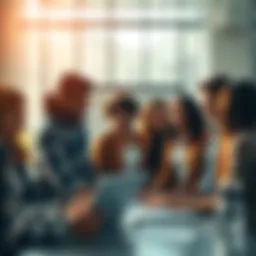 A diverse group of people discussing ideas in a bright, open space with modern technology and charts in the background.